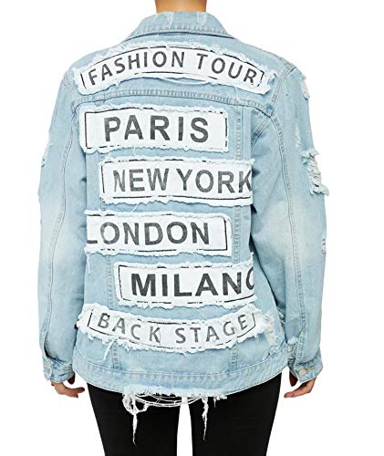 MACCHIASHINE Women's Letter Patchwork Long Sleeve Ripped Jean Jacket Sexy V Neck Loose Printed Distressed Denim Outfits