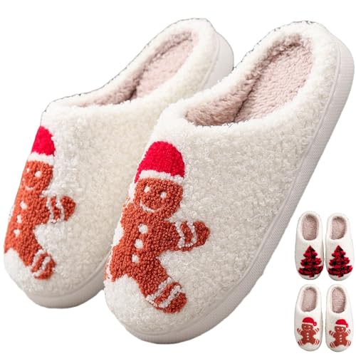 Christmas Gingerbread Man Fuzzy Slippers for Women and Men - Winter Warm House Couple Shoes - Cozy Indoor Home Bedroom Slippers - Main Image
