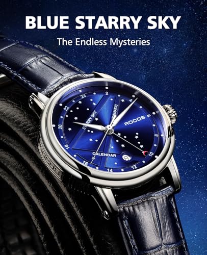 Image of ROCOSJEWE Men's Luxury Automatic Mechanical Watch, Luminous Night Sky Leather Strap, Waterproof, Date Display, Fashion Business Watches for Men RW0108, Blue, Classic,Business,Elegant
