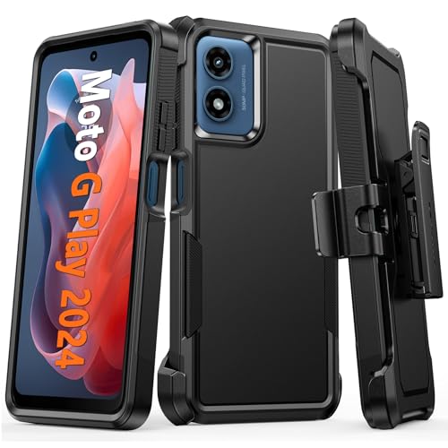 FNTCASE for Motorola Moto G-Play-2024 Case: Heavy Duty Drop Protection with Rugged Belt-Clip Holster & Kickstand Military Grade Shockproof Durable Protective Cell Phone Cover (Black)