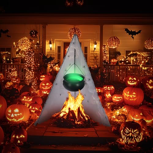 Halloween Decoration Outdoor - DIY Indoor Decor, Witch's Cauldron on Tripod With Lights, Cotton, Spider Web - Large Bowl Candy Bucket for Porch and Yard