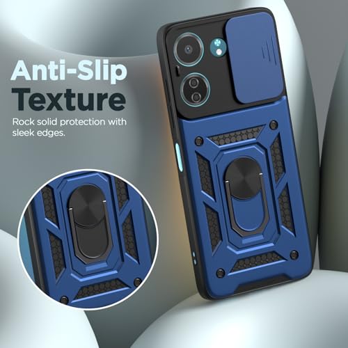 Image of Outlouders Back Cover for Redmi 13C 4G / Poco C65 | D10 Tough Armor 360 Protection Case with Sliding Camera Shield & Ring Holder Stand Bumper Case (Blue)