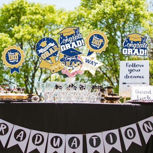 Image of 2026 Graduation Party Decorations - 24 Pcs Class of 2026 Congrats Grad Table Centerpieces Graduation Table Decorations Sticks Table Toppers for Graduation Party (Blue Gold)