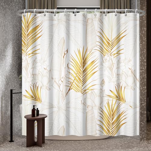 Bovlleetd 72x84inch Gold Plant Shower Curtain Lotus Palm Leaf Bathroom Curtain Simple Banana Leaf Shower Curtains Waterproof Bathtub Curtain Art Bathroom Decorative Curtain with Hook - Image 2
