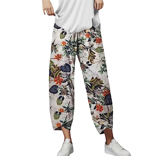 Linen Pants Women Jeans Linen Pants Women Casual Cotton Linen Wide Leg Cropped Trousers Summer Print Lounge Palazzo Pant with Pockets Trendy 2025 Elastic Waist Pajamas Tall Long Vacation