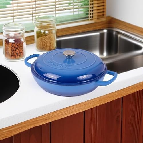 Cast Iron Dutch Oven with Lid – Non Stick Shallow Dutch Oven Pot, Oven Safe up to 500° F – Sturdy Cooking Pot – Enamelled Stockpot Cookware – Dark Blue, 3.7-Quart, 30cm – by Nuovva
