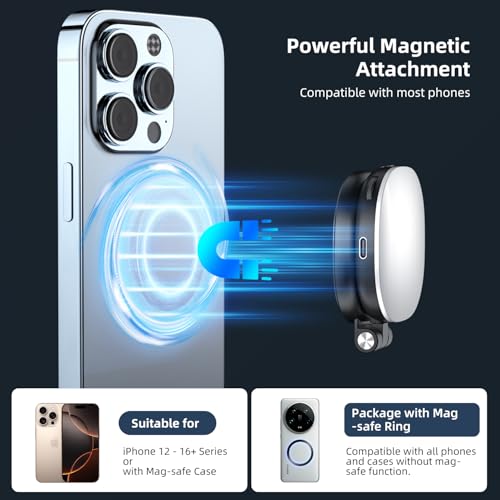 Image of Celfiexpt Magnetic Selfie Light with Mirror for iPhone & Android, Rechargeable LED Ring Light, CRI95+, 360 Rotation, Foldable Phone Fill Light for Selfies, Zoom & Vlogging (Black)