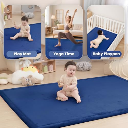 Image of Baby Play Mat for Floor,1.3 inch Thick Memory Foam Tummy Time Mat,Water Repellent Soft Velvet Nursery Rug,Extra Large Non Slip for Crawling,Toddlers,Infants,Kids,Tatami Style for Living Room(Dark Blue)