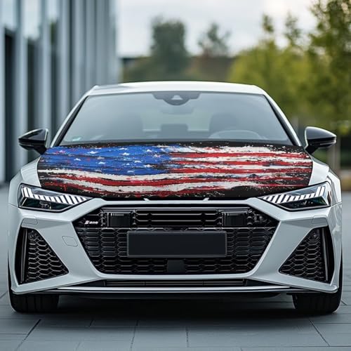 Image of Patriotic Car Hood Cover for Automobiles,Watercolor American Flag Car Bonnet Banner, Universal Fit, Elastic Polyester, Stretchable, Waterproof Automotive Hood Covers,Car Accessories