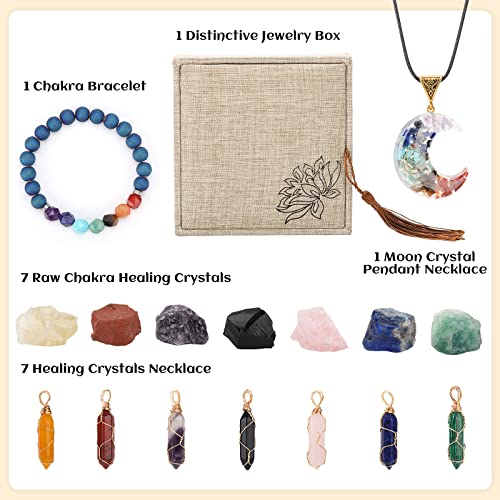 Therapeutic Crystals Set Embody 7 Chakra Stones, 7 Crystals Necklaces, Lava Bracelet, Moon crystal pendant necklace in Jewel Field, Actual Gem stones and Crystals Present Set for Witchcraft, Meditation, Yoga