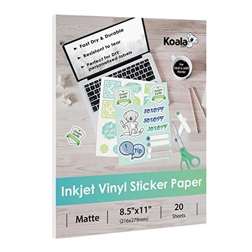 Koala Printable Vinyl Sticker Paper for Inkjet and Laser Printer - 20 Sheets Matte White Waterproof Decal Paper 8.5x11 Inches, Work with Cutting Machine