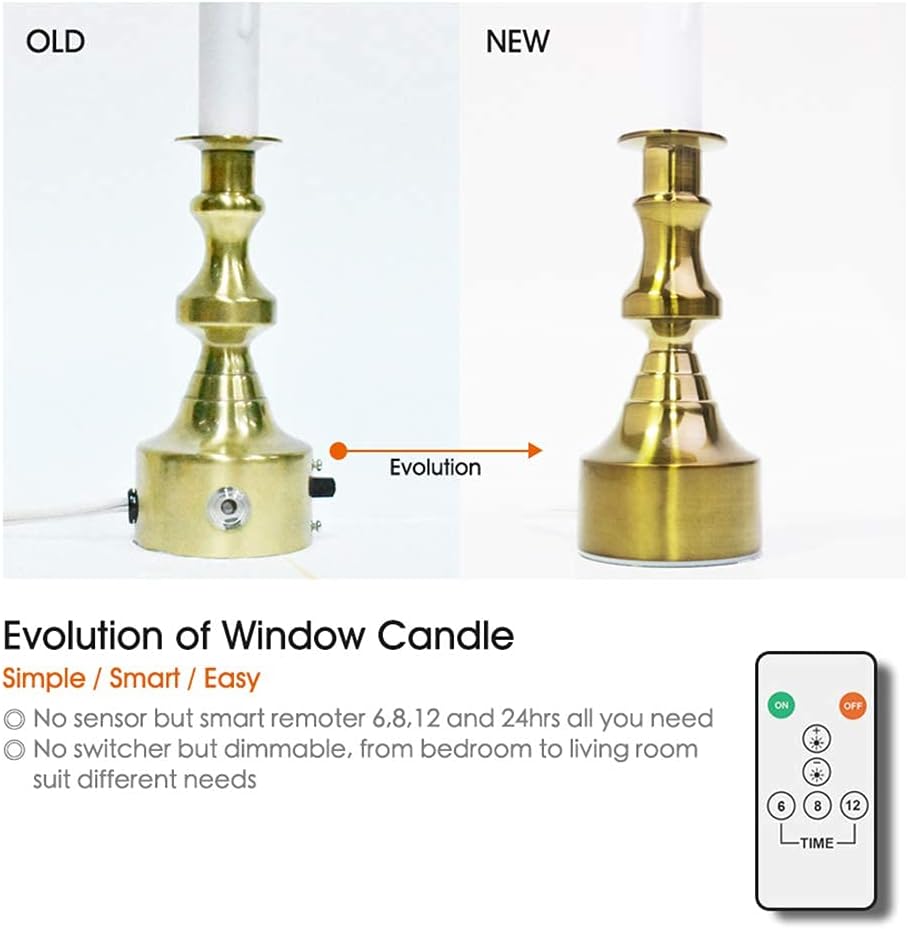 Dimmable Window Candle Electric with Multi Timer IR Controller, Metal Base Christmas Window Candles UL Listed 3 Pack with 2 Extra Replacement Bulb (Brass)