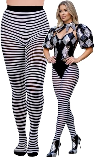 ToBeInStyle Women's Colorful Opaque Striped Tights Pantyhose Stocking Hosiery - Black/White - One Size