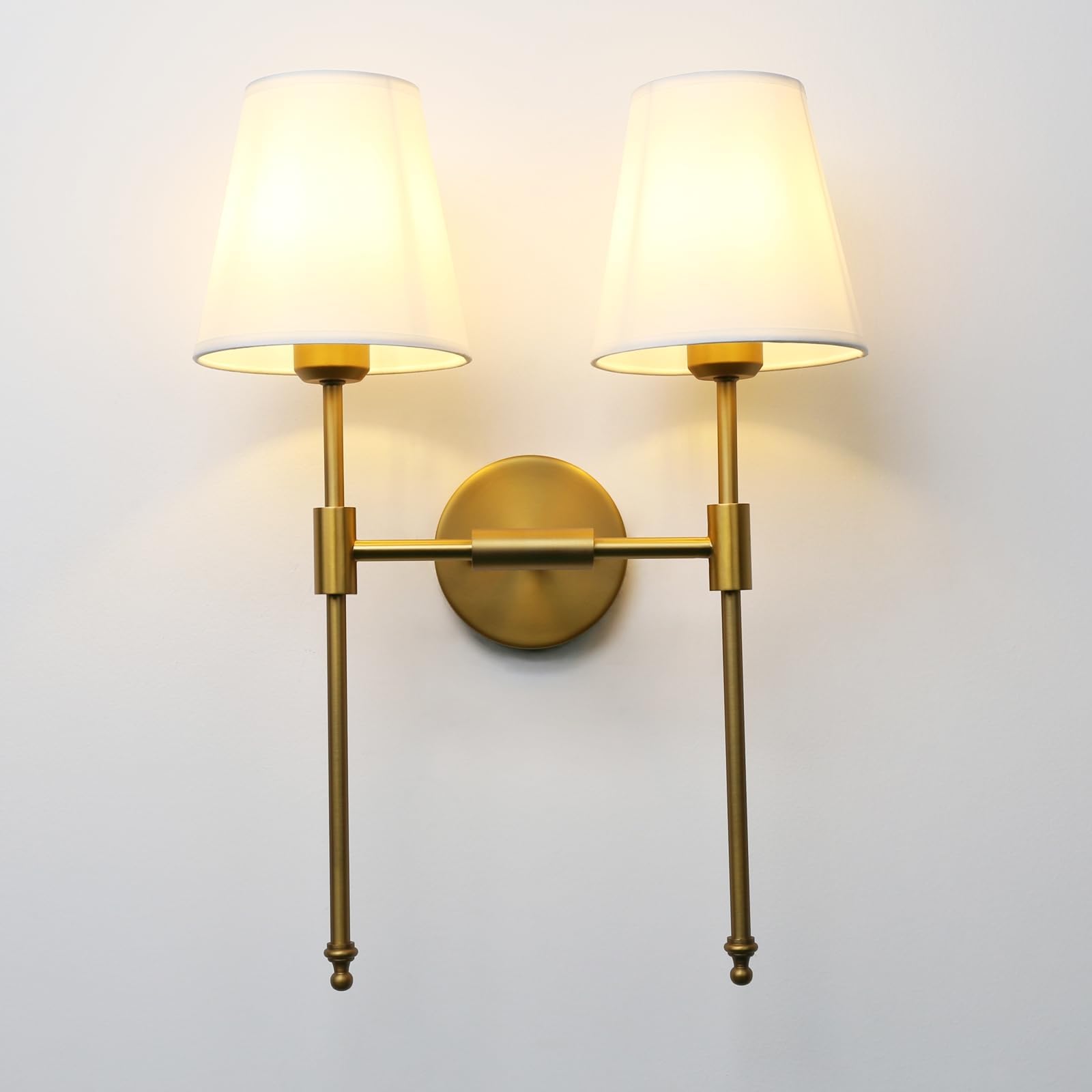 Classic Rustic Double Sconce Large 2-Lights Wall Sconce with Flared White Textile Lamp Shade and Antique Brass Finished Long Arm, Wall Sconce Light Fixture for Living Room Bathroom Bedroom