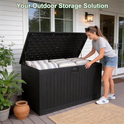 Image of 270 Gallon Outdoor Storage Box, Waterproof Extra Large Resin Deck Box with Lockable Lid for Patio, Pool Equipment, and Cushions, Black