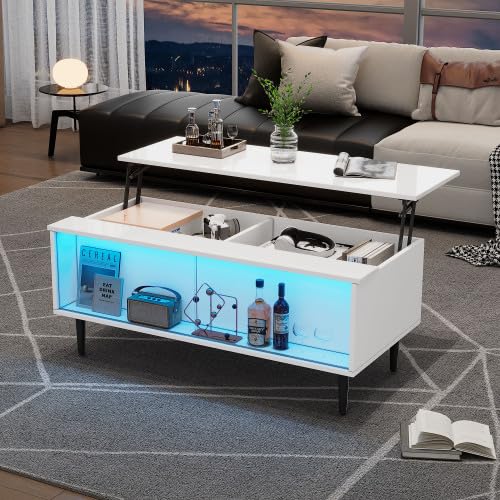 Merax Tavolino da salotto regolabile in altezza con LED, tavolo da soggiorno e tavolino da caffè bianco, moderno mobili da soggiorno