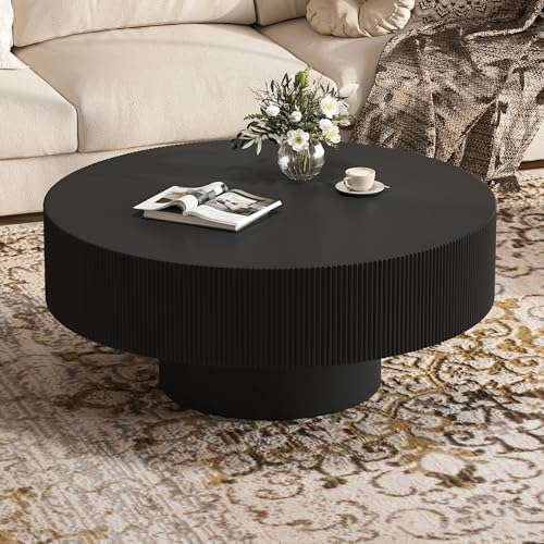 Merax Modern 35.4 Inch Round Large Coffee Table with Sturdy Base, Wood Circle Drum Center Table for Living Room Reception Room, Easy Assemble, Black