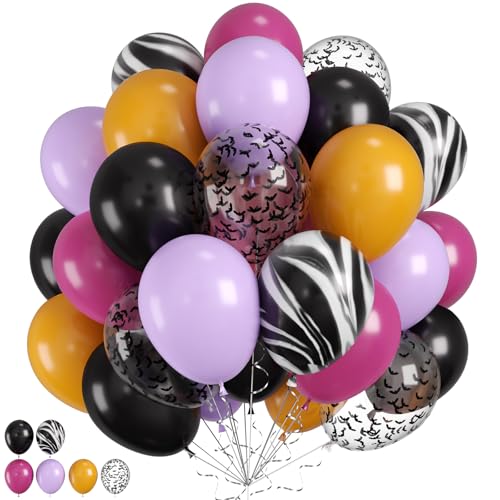 Halloween Balloons 60pcs Purple Black Balloons Purple Yellow Black Tie Dye Balloon With Bat Confetti Balloon For Retro Halloween Masquerade Spooky Haunted House Vampire themed Birthday Party Decor