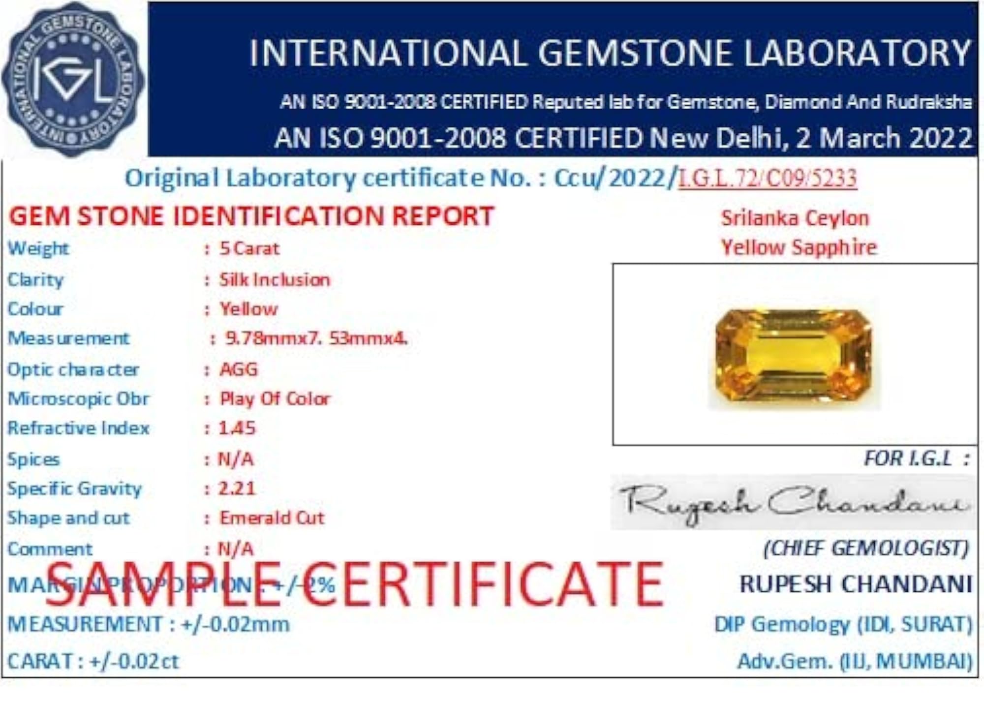 Yellow Sapphire Stone, Original Certified 5.00 Carat