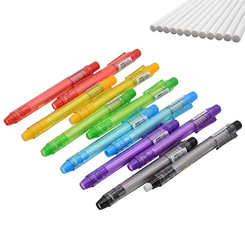 RETON 24 Pack Retractable Click Eraser Pen Holder Set, Including 12 Portable Pencil-Style Grip Stick Rubber and 12 Eraser Refills, Mechanical Eraser Pencil, 6 Colors (Click-style)