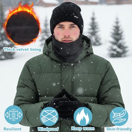 MmmLucipor Unisex Mütze Schal Handschuhe Set, Touchscreen Handschuhe Herren Damen, Weiches Fleecefutter Beanie, Winter Strickmütze, Wärmer Mütze Halswärmer, Warme Kuschelige Schal Winterset (Schwarz)