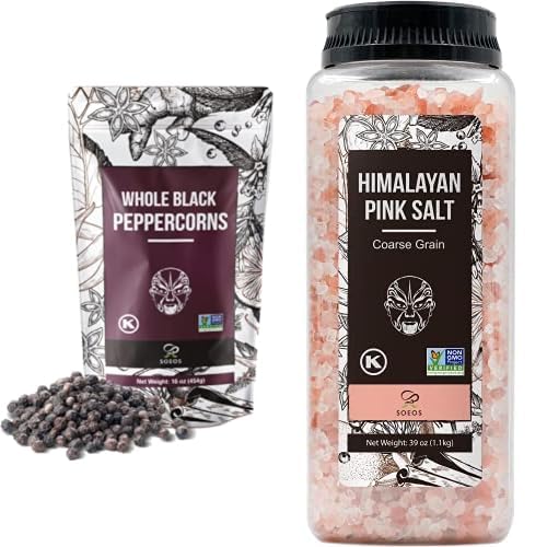 Soeos Black Peppercorns 16 Ounce + Soeos Himalayan Pink Salt 39 Ounce, Non-GMO, Salt and Peppercorns for Grinder Refill