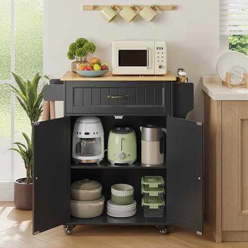Miniatura 3 de Bealife Isla De Cocina Con Ruedas, Carro De Cocina Con Cajón, Armario, Estante Lateral Para Especias Y Toallero, Mueble Auxiliar De Almacenamiento Para Comedor Negro
