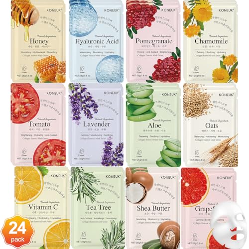 KONEUK 24 Pack Sheet Face Masks Skincare for Women, Hydrating Col...