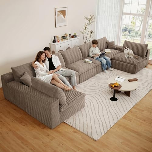 Image of 165 inch Cloud Couch Modular Sectional Sofa for Living Room, U-Shape Boneless Couch with Deep Seat, Modern Corduroy 7-Seater, No Assembly Required, Camel