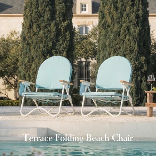 Image of Padded Low Beach Chair, 4-Position Folding Outdoor Chair with Wooden Armrests, Cushioned Seat, Storage Pouch & Carry Strap for Beach, Patio and Lawn, Harbour Cypress Green