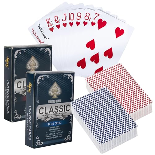 CJMUQHEHH Wasserfeste Plastik Spielkarten, 2 Decks Rot und Blau, Ideal für Poker, Doppelkopf, Romme und andere Kartenspiele, Langlebig und Spielstarke Spielkarten