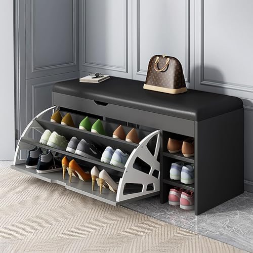Banco de almacenamiento de zapatos de 3 niveles con cojín de asiento acolchado de madera para entrada, vestíbulo, baúl otomano para dormitorio, color gris oscuro, 100 cm