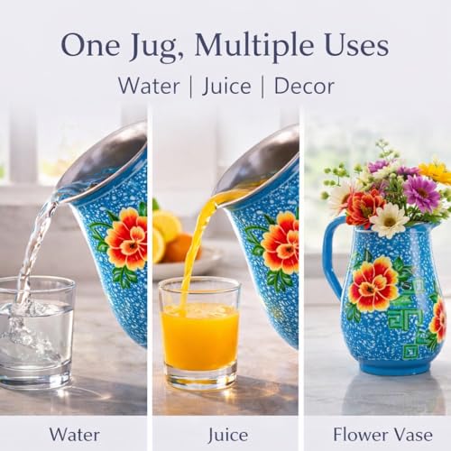 Image of iHandikart Handpainted Decorative Stainless Steel Jug |1.5L | Size - 8 * 6 Inch | Floral Printed Pitcher for Water, Juice & Milk | Decorative Kitchen & Dining Jug | Multipurpose Serving Jar for Home