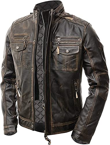 SAMS Mens Motorcycle Brown Vintage Distressed Cafe Racer Slim Fit Real Leather Jacket - Snap/Zip Front Leather Biker Jacket2