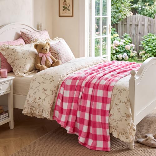 Image of BEDELITE Plaid Fleece Throw Blanket, Pink & White Buffalo 60x80 Inches