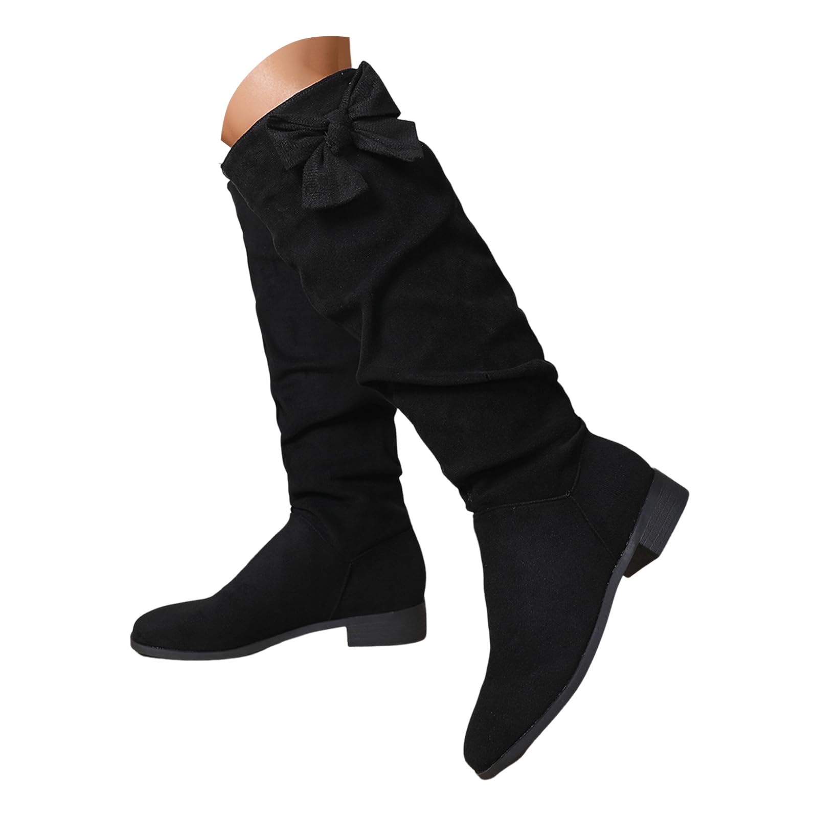 Women Casual Knee High Boots Wide Calf Slouchy Ruched Suede Cutout Side Zipper Chunky Block Low Heels Almond