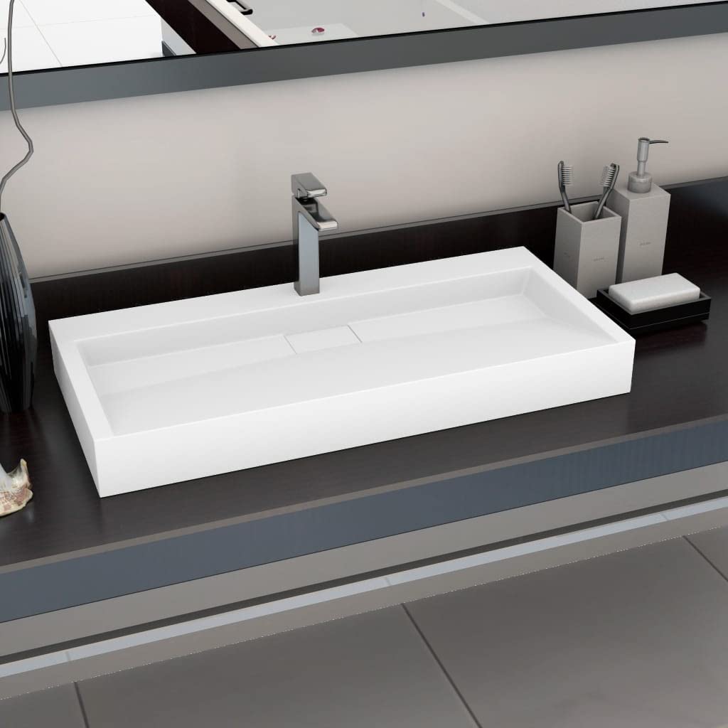 Lavabo mineral fundido 100 x 46 x 11 cm, color blanco, lavabo con orificio para grifo para montaje en pared y lavabo, baño sanitario para invitados, incluye material de montaje