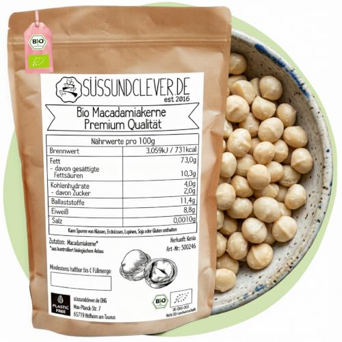 süssundclever.de® Bio Macadamianüsse - Rohkost | 1,0 kg | Macadamiakerne | Premium Qualität | ökologisch-nachhaltig abgepackt | Macadamia