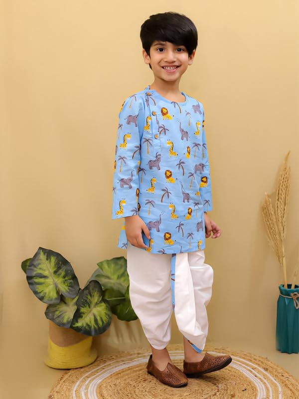 Image of superminis Boys Dhoti Kurta Set Cotton Animal Print Full Sleeves Ethnic Wear for Kids Boys | Kurta Dhoti for Baby Boy 0-3 Months to 8 Years | Traditional Dress for Festive
