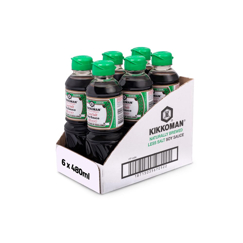 Kikkoman Salsa de SOJA con Menos Sal, para Dietas Bajas en Sal, Pack 6 x 480 ml