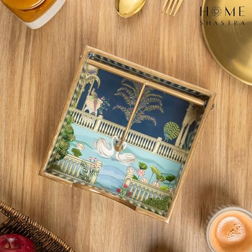 Image of Wooden Napkin Holder with Gold Engraving | Pack of 1 | Size : 7.5 x 7.5 inch | Enamel Coated Waterproof | Tissue Holder for Dining Table | (Swan Napkin Holder)
