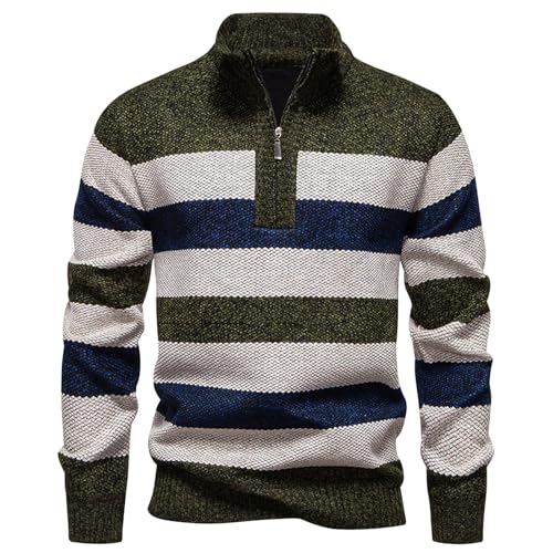 Men's Sweater Quarter Zip Striped Pullover Fall Winter Warm Long Sleeve Stand Collar Color Block Knit Sweaters Tops