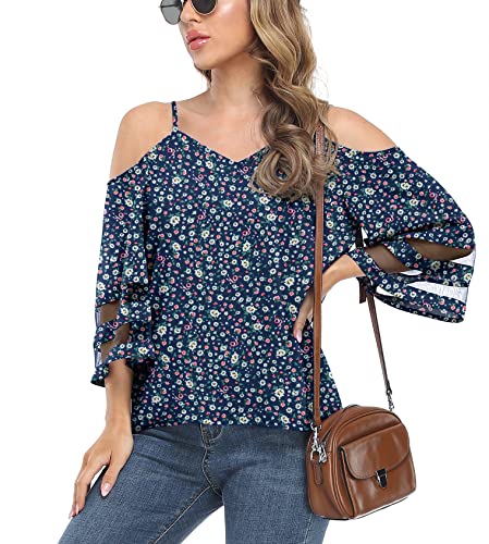 Jouica Womens Summer Tops Cold Shoulder Floral Blouses Sheer Panel 3/4 Bell Sleeve ​Loose Fit Shirts,Flower Navy Blue,Small #TOP3
