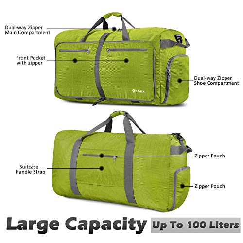 Gonex 100L Large Foldable Travel Duffle Bag with Shoes Compartment, Packable Lightweight Water Repellent Duffel Bag for Camping Gym Weekender Bag Yellowish green