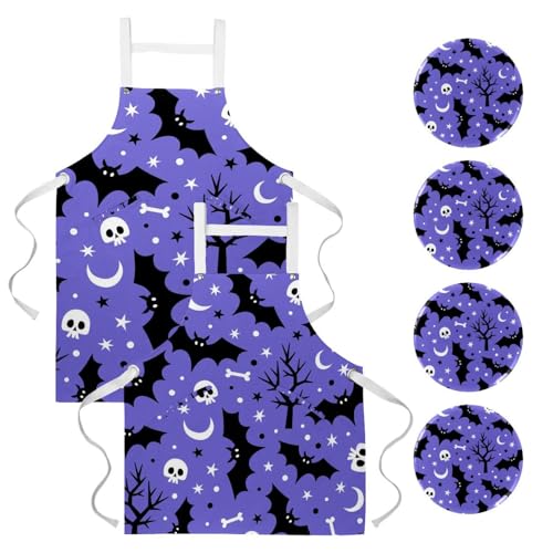 Tablier de cuisine lot de 2 avec motifs crânes et chauve-souris pour bistrot