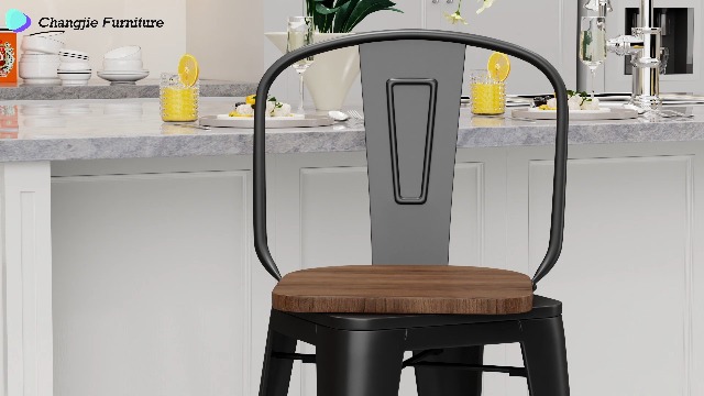Butacos giratorios de metal Changjie Furniture para cocina y bar, espalda alta, set de 4, color negro mate con asiento de madera, altura 26 pulgadas miniatura 7