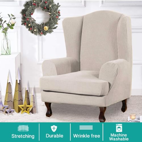 Image of Turquoize Wingback Chair Covers 2 Piece Wing Chair Slipcover Stretch Slipcovers for Wingback Chairs Wing Chair Cover Spandex Jacquard Fabric with Elastic Bottom Non-Slip Furniture Cover, Island Fossi