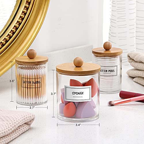 Vitever 3 Pack Qtip Holder Dispenser With Bamboo Lids - Apothecary Jar Containers For Vanity Organizer Storage - Bathroom Accessories Set For Cotton Swab, Ball, Pads, Floss #TOP2