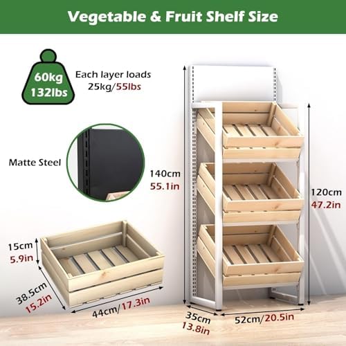 Large Capacity Supermarket Fruit Vegetable Shelf, Retail Snack Rack Display with Wooden Baskets for Kitchen Storage, Commercial Grade Organizer for Groceries and Produce
