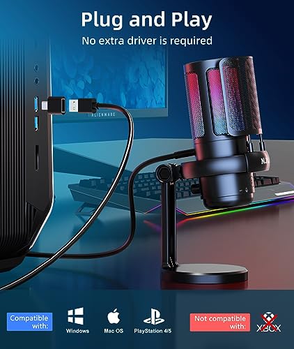 Image of NJSJ USB Microphone for Computer, Gaming Mic for PC,PS4,PS5 and Mac, Condenser Microphone with 9 RGB Light Modes,Mute Button,Gain Control, Headphones Jack,Desk Streaming Mics for Podcast,YouTube